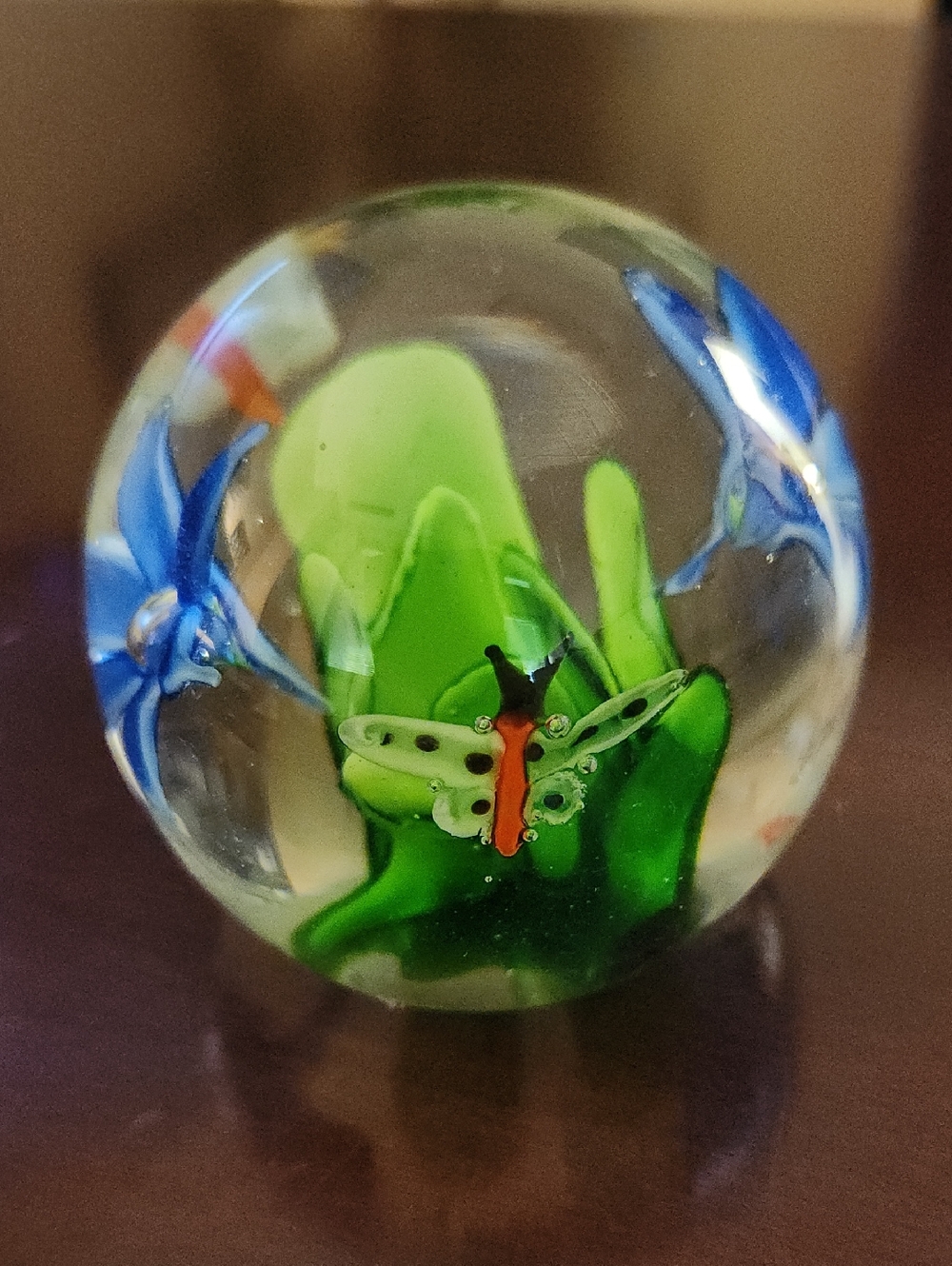 Glass Art Paperweight with Green Leaves Blue Flowers and Butterfly Accent